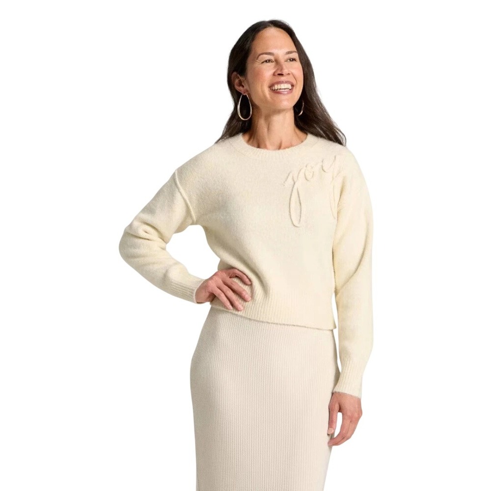 Universal Thread Women's Cream Joy Script Knit Pullover Sweater Size Small